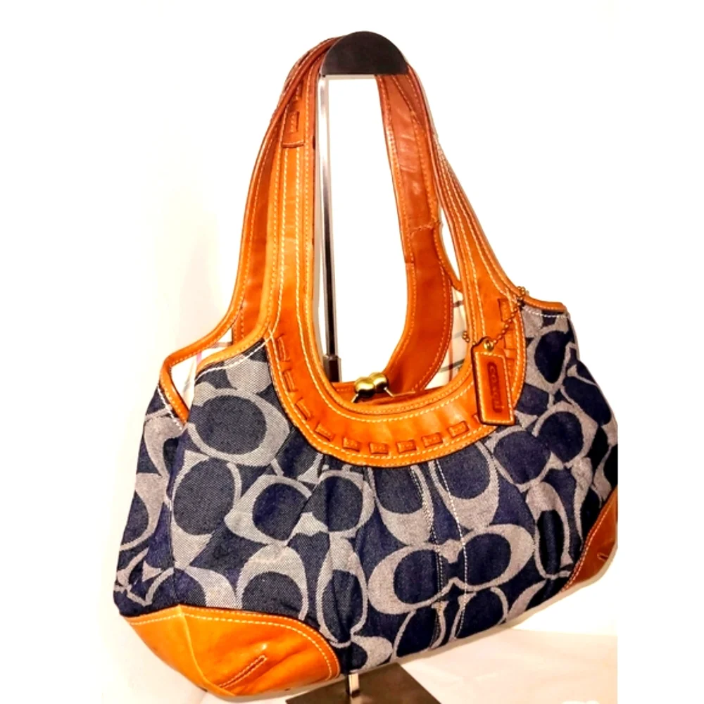Coach Ergo Tattersall Leather & Signature Denim Satchel - Picture 1 of 9